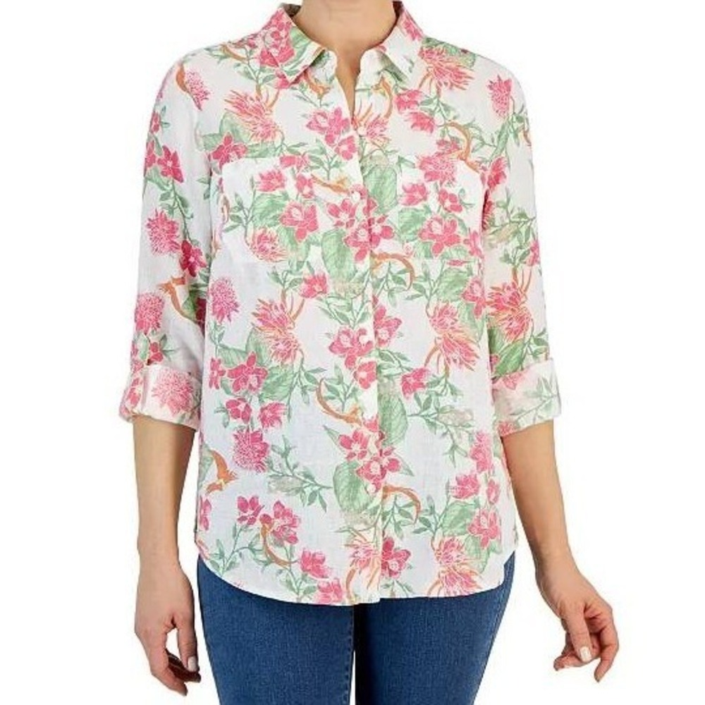 100% Linen Charter Club Luxury Tropical Floral Button Up Size XL Petite
